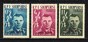Албания, (1962, Космос, Ю. Гагарин, Фиолетовая Надпечатка 3 марки